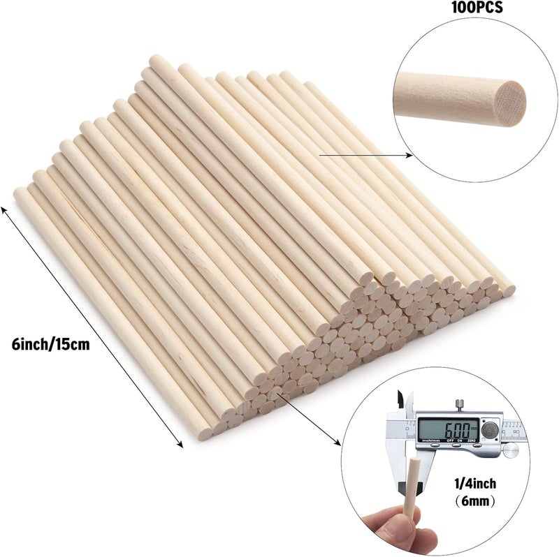 Coowayze Wood Dowels Wooden Dowel Rods, 100PCS 1/4 x 6 Round Wooden Sticks for Arts and Crafts, Small Unfinished Hardwood Sticks for DIYers Crafting, Cake Support, Lollipop, Photo Booth Props, Home Decor - Image 2
